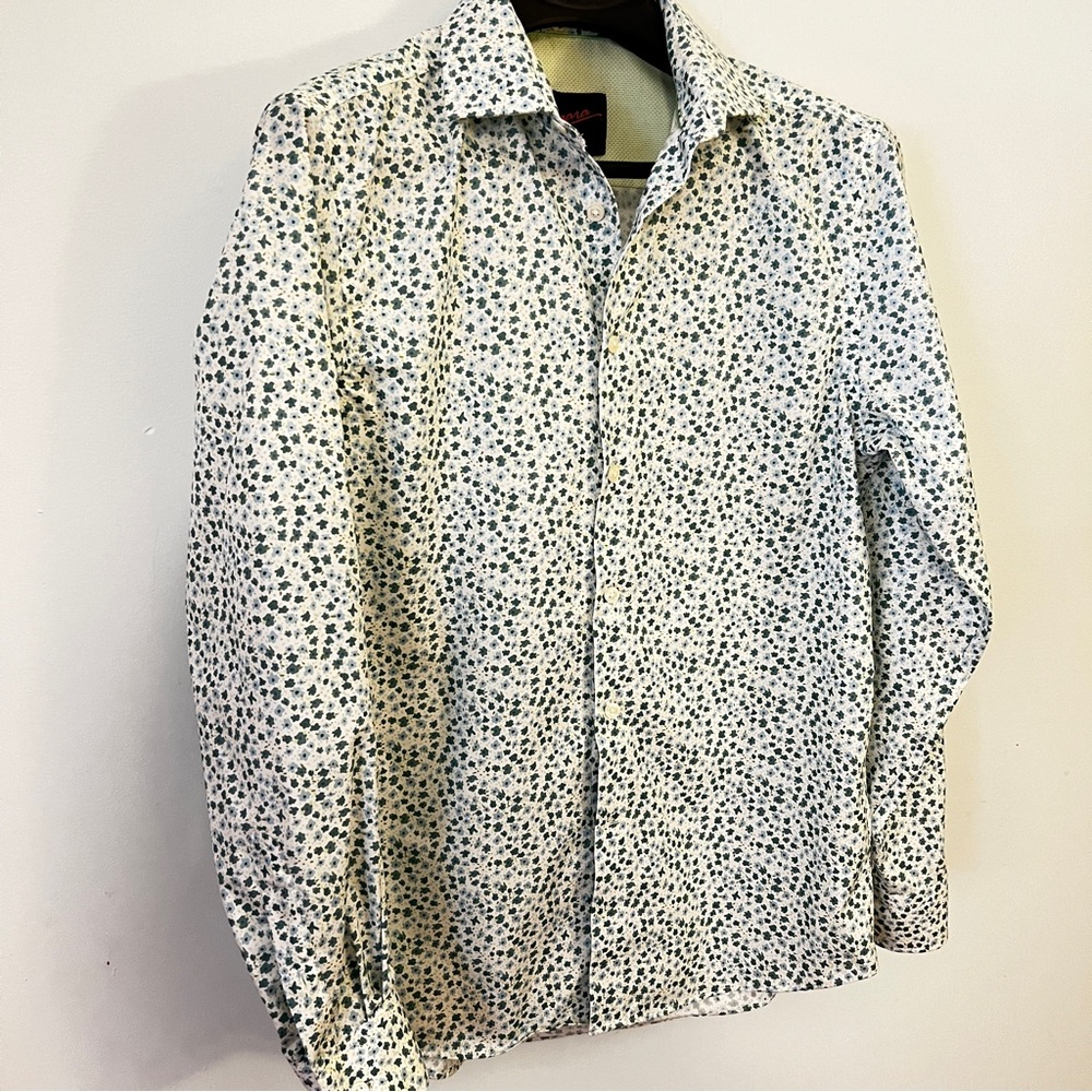 Egara Green & White Button Down Shirt with Floral Print Slim Fit Stretch No Iron